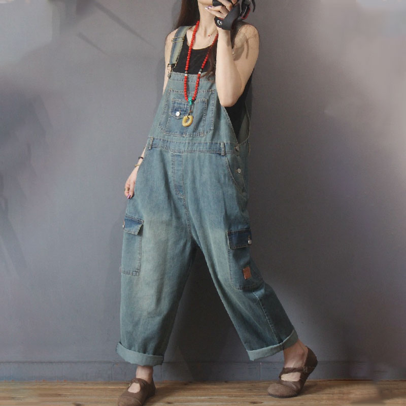 Flap Pockets Fashion Cuffed Overalls Baggy Jean Dungarees in Denim Blue ...