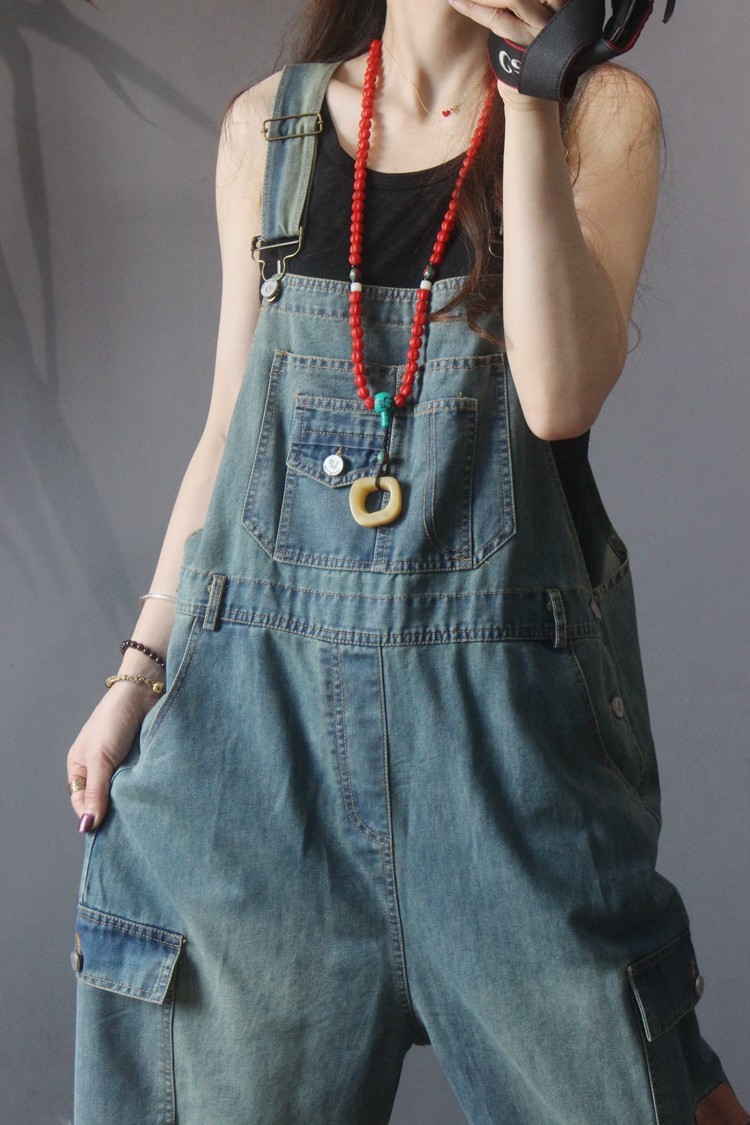 Flap Pockets Fashion Cuffed Overalls Baggy Jean Dungarees in Denim Blue ...