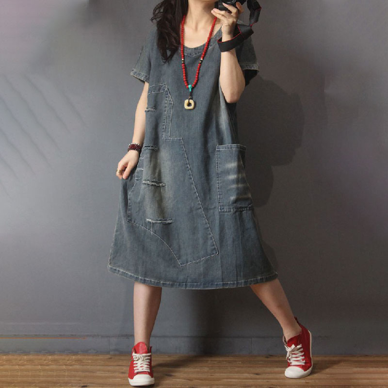 Short Sleeve Denim Ripped Dress Casual Oversized T-shirt Dress in Denim ...