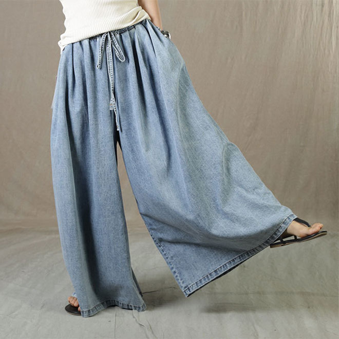 Drawstring Waist Wide Leg Jeans Denim Palazzo Pants in Light Blue One ...