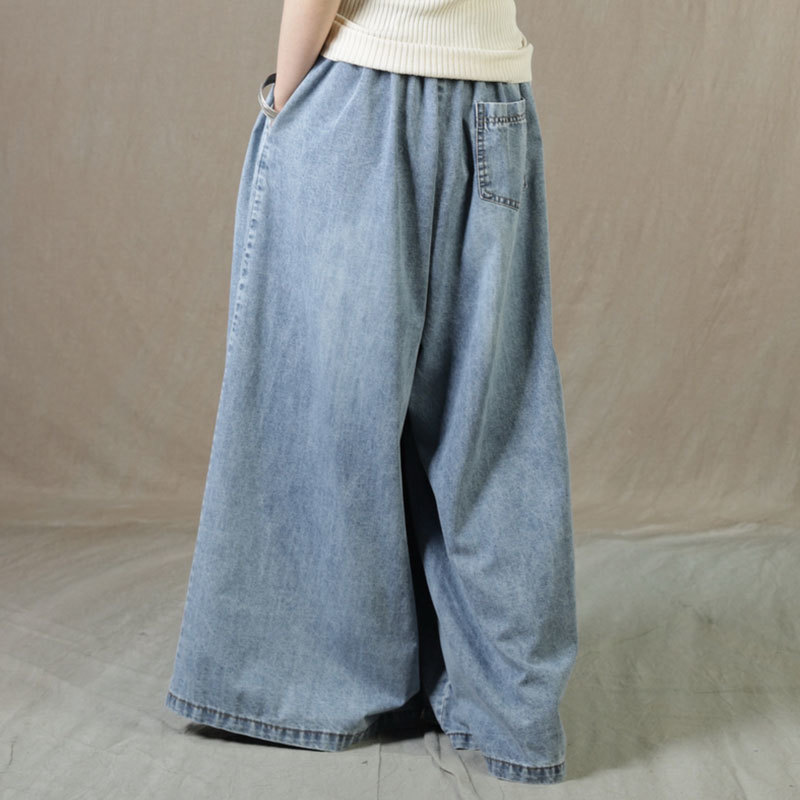 Drawstring Waist Wide Leg Jeans Denim Palazzo Pants in Light Blue One ...