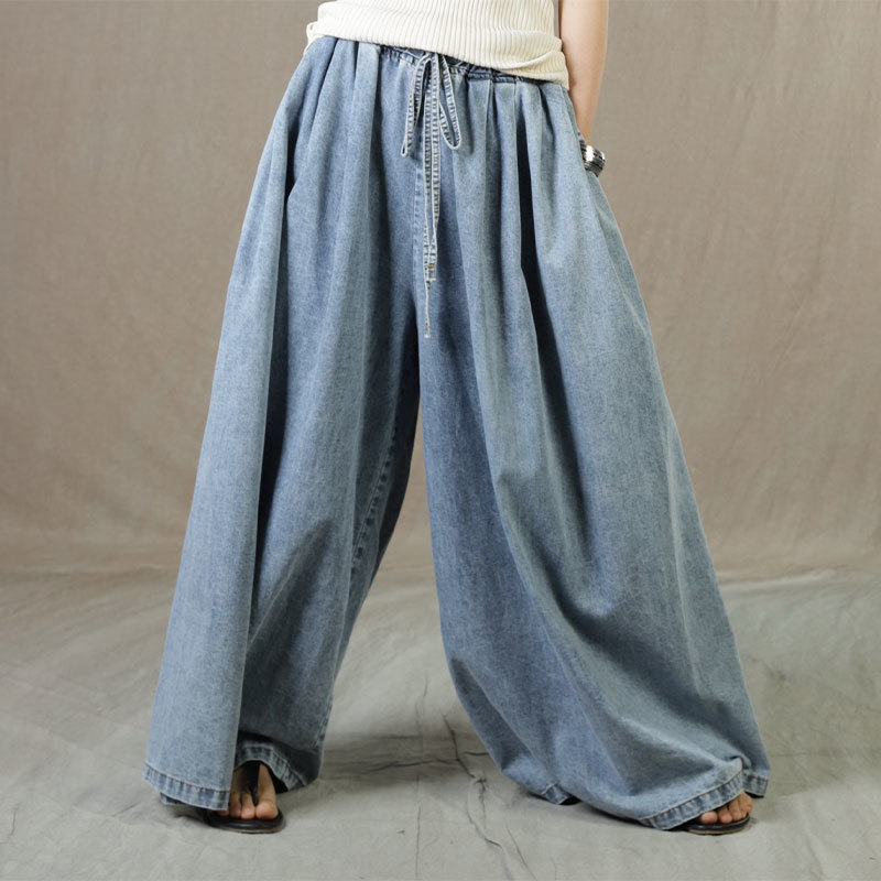 Drawstring Waist Wide Leg Jeans Denim Palazzo Pants in Light Blue One ...