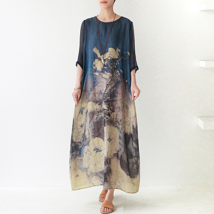 Beautiful Printing Tied Chinese Dress Silk Sleeves Vintage Maxi Dress ...