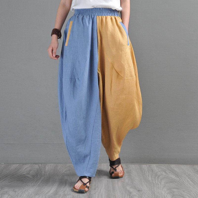 Contrasting Color Linen Customized Pants Baggy Hippie Pants for Women ...