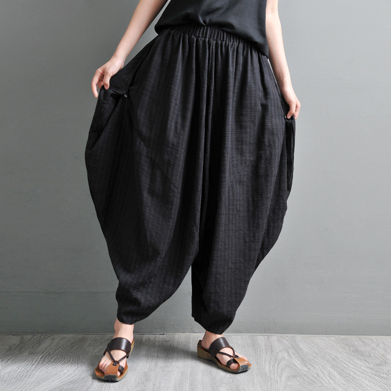 Baggy-Fit Black Harem Yoga Pants Cotton Linen Elephant Pants in Black ...