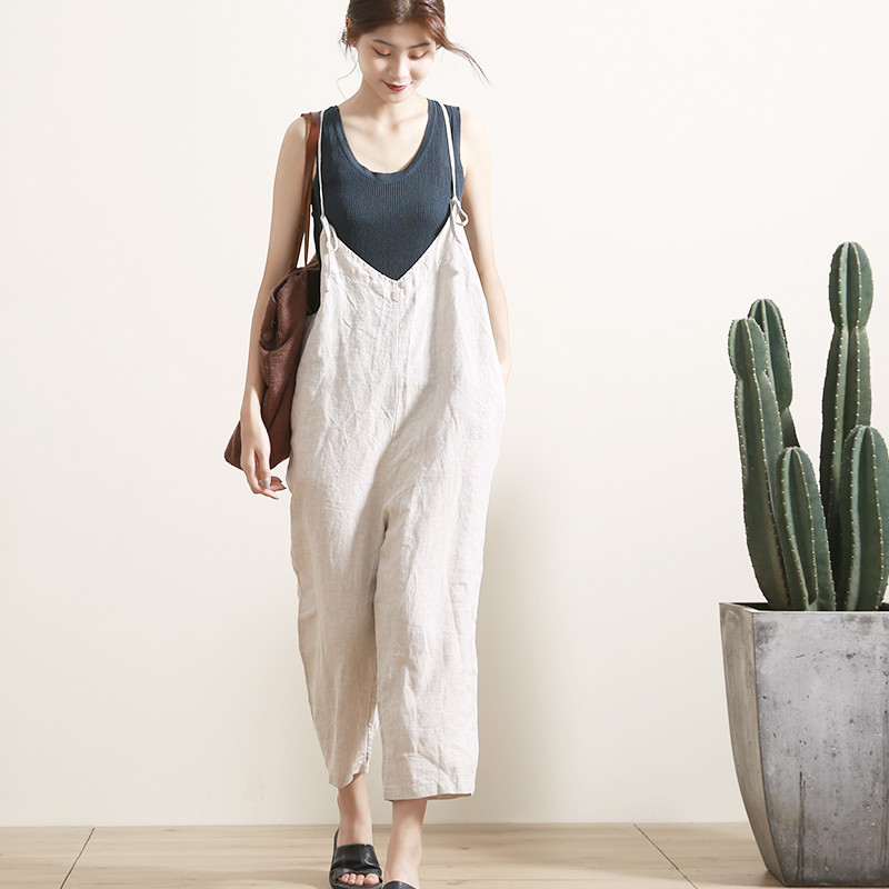 Loose Wide Leg Overalls V-Neck Spaghetti Straps Linen One Piece in ...