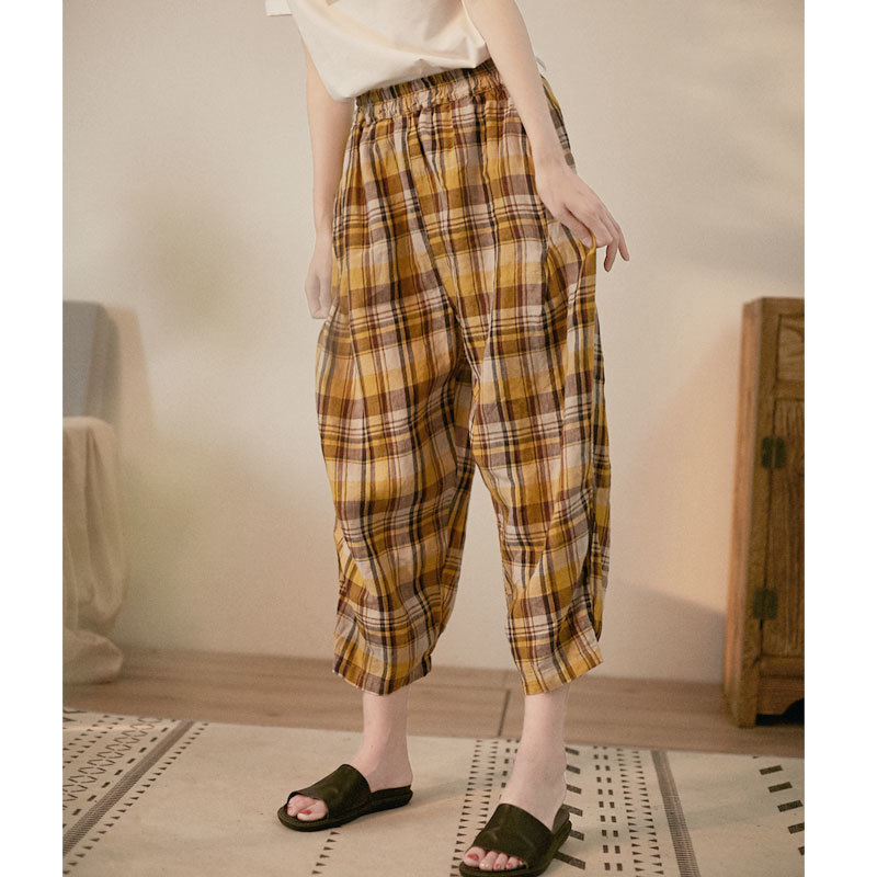 Baggy-Fit Yellow Tartan Pants Linen Casual Cropped Pants in Yellow One ...