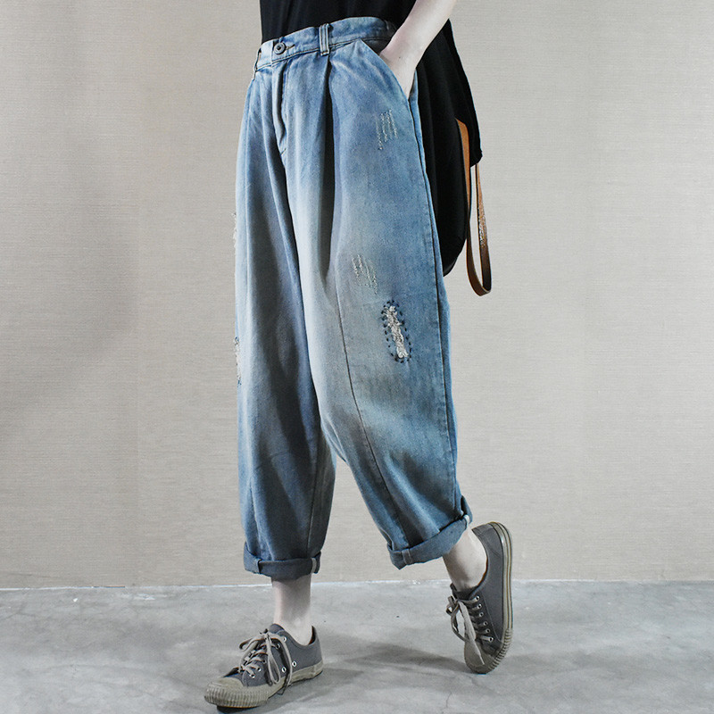 Baggy-Fit Embroidered Mom Jeans Straight-Legs Distressed Denim in Light ...