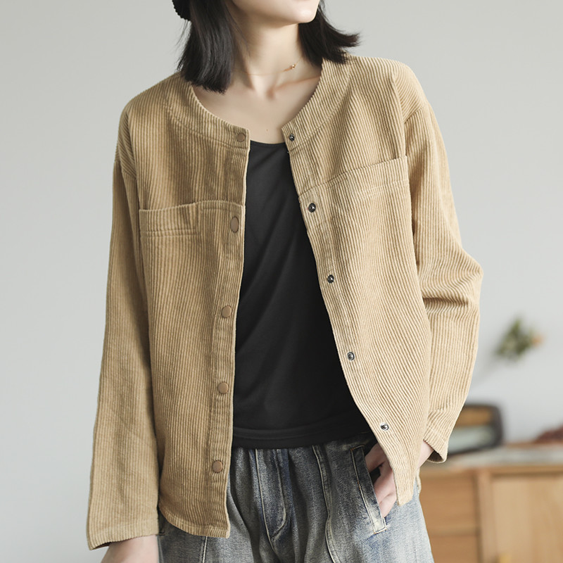 Button Fly Womens Corduroy Shirt Crew Neck Oversized Jacket in Khaki ...