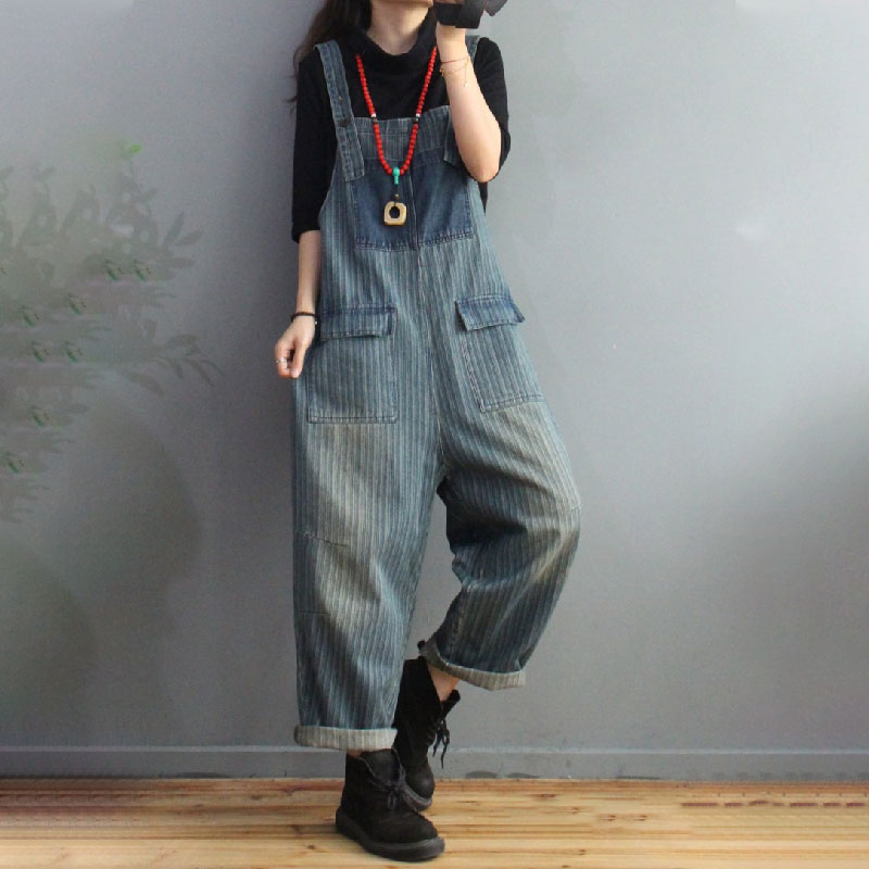 Flap Pockets Vertical Striped Overalls Womens Denim Stonewash Dungarees ...