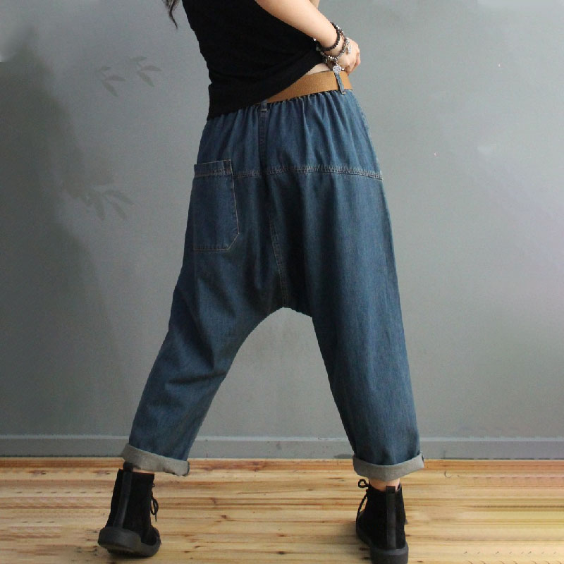 Color Fade Baggy Harem Pants Womens Tapered Jeans in Dark Blue One Size ...