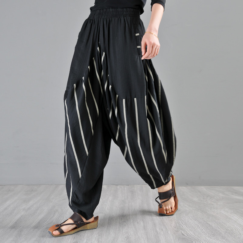 Baggy-Fit Casual Flow Pants Womens Striped Low Crotch Pants in Gray One ...