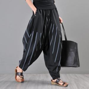 Street-Chic Baggy Striped Pants Cozy Hakama Pants in Blue One Size 