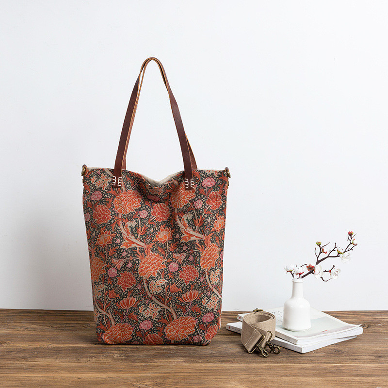 Flowers Prints Cotton Linen Shopper Tote in Salt Red Green - Morimiss.com