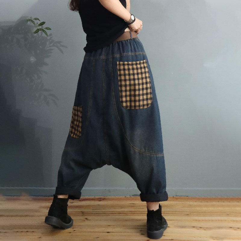 Gingham Pockets Quilted Harem Pants Winter Cuffed Jeans in Blue Black ...