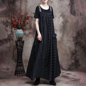 Spring Black Striped Dress Cotton Linen Loose Camisole Dress in