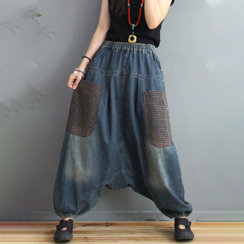 Little Plaid Pockets Denim Vest with Balloon Harem Pants in Top and ...