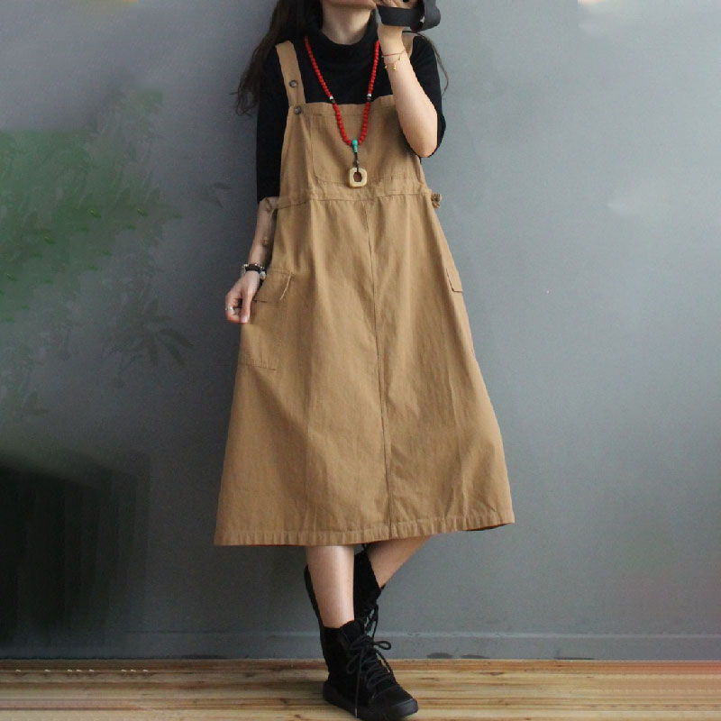 Drawstring Waist Midi Overall Dress Solid Colors Cotton Dress in Khaki ...