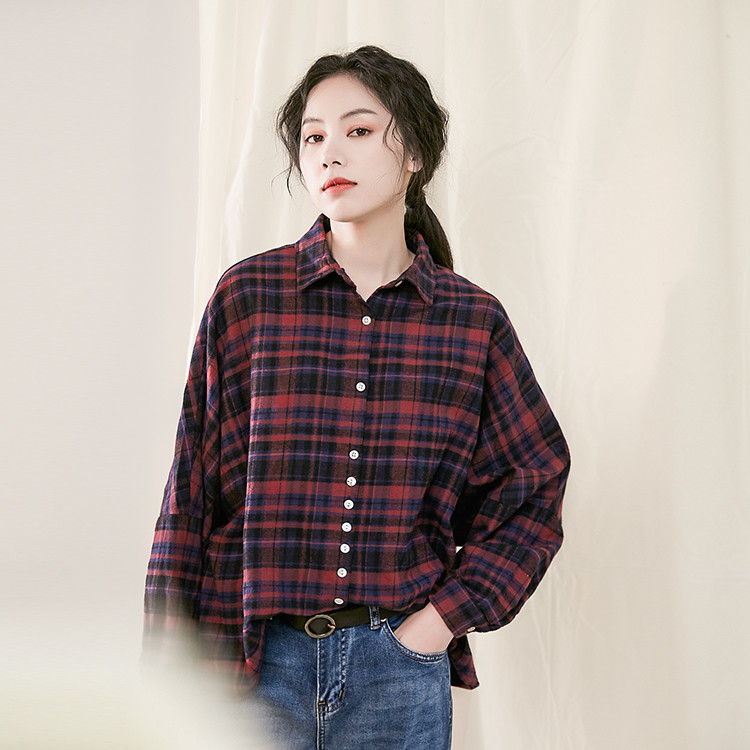 British Style Plus Size Checkered Shirt Cotton Casual Blouse in Red ...