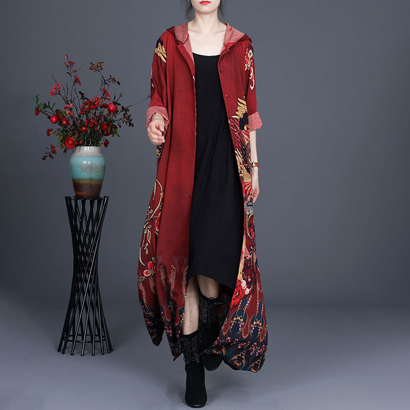 Chinese Printed Vintage Hooded Dress Loose Fit Trench Coat in Peacock ...