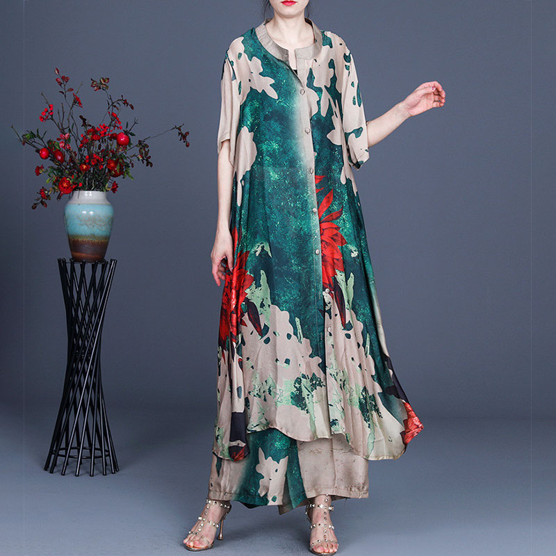 Vintage Flowers Printed Long Shirt with Silky Palazzo Pants in Top and ...