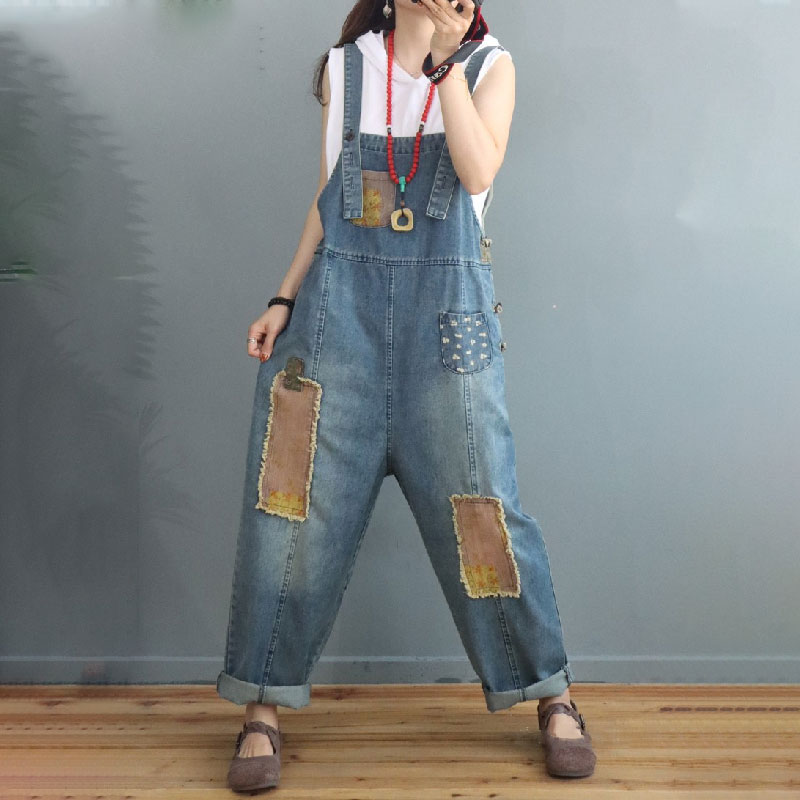 Fashion Patchwork Plus Size Overalls Denim Womens Dungarees in Blue ...