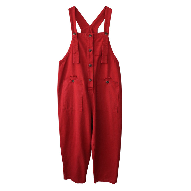 Bright Colored Cotton Korean Dungarees Womens Baggy Overalls in Red One ...