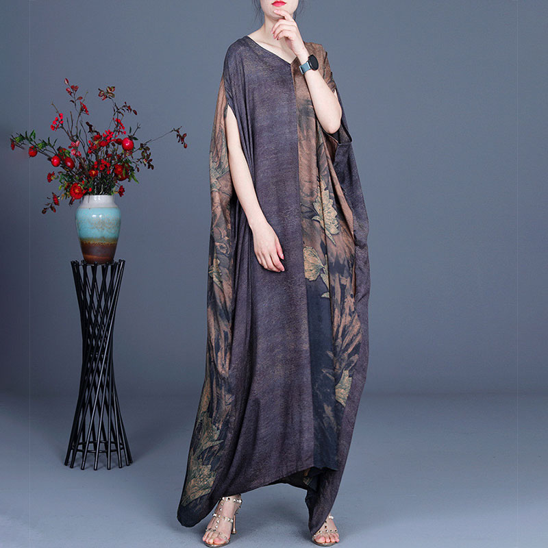 Gray Contrast Printed Chinese Dress Silk Plus Size Caftan in Coffee One ...