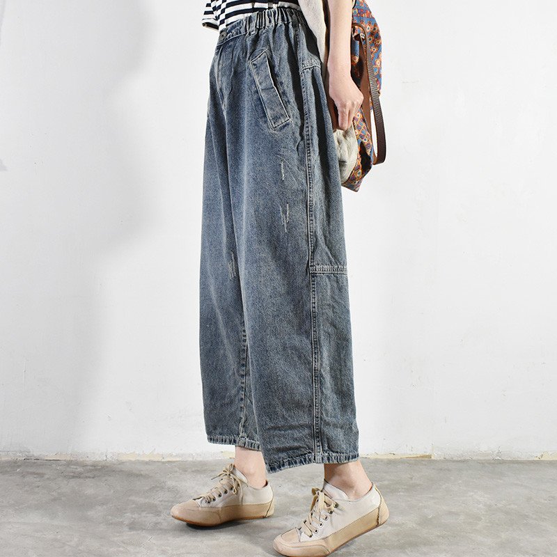 Casaul Style Ripped Stone Wash Jeans Korean Wide Leg Jeans in Blue M L ...