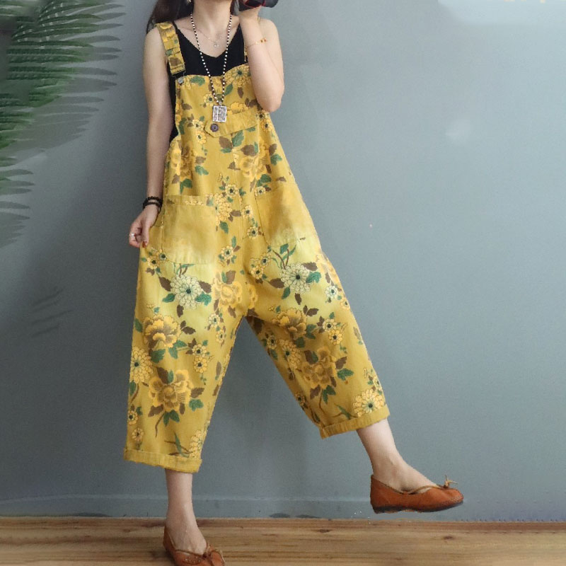 Tropical Printing Summer Overalls Loose-Fit Jean Gardening Clothes in ...