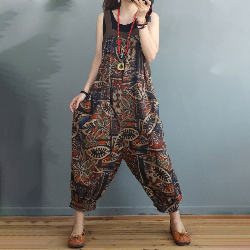 Senior Women Ethnic Overalls Balloon Legs Cotton Linen Overalls in Dark ...