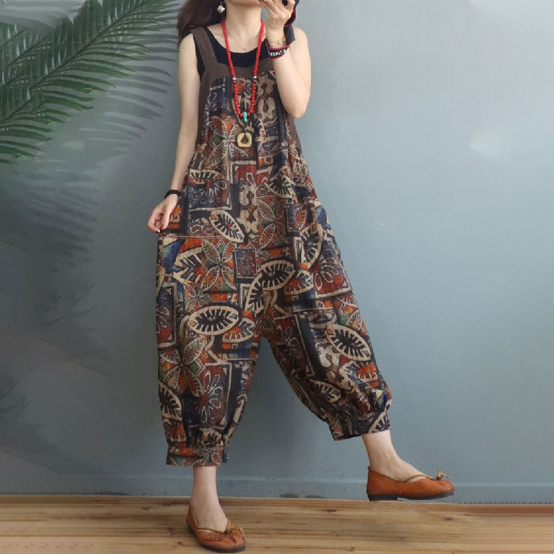 Senior Women Ethnic Overalls Balloon Legs Cotton Linen Overalls in Dark ...