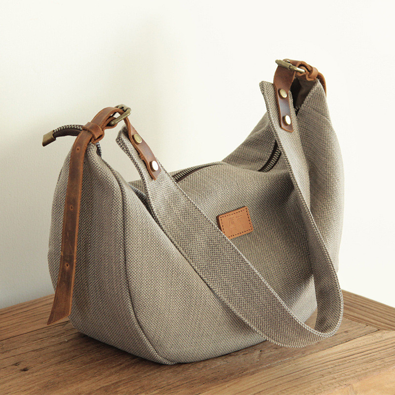 Japanese Style Striped Hobo Bag Cotton Shoulder Dumpling Bag in Gray ...