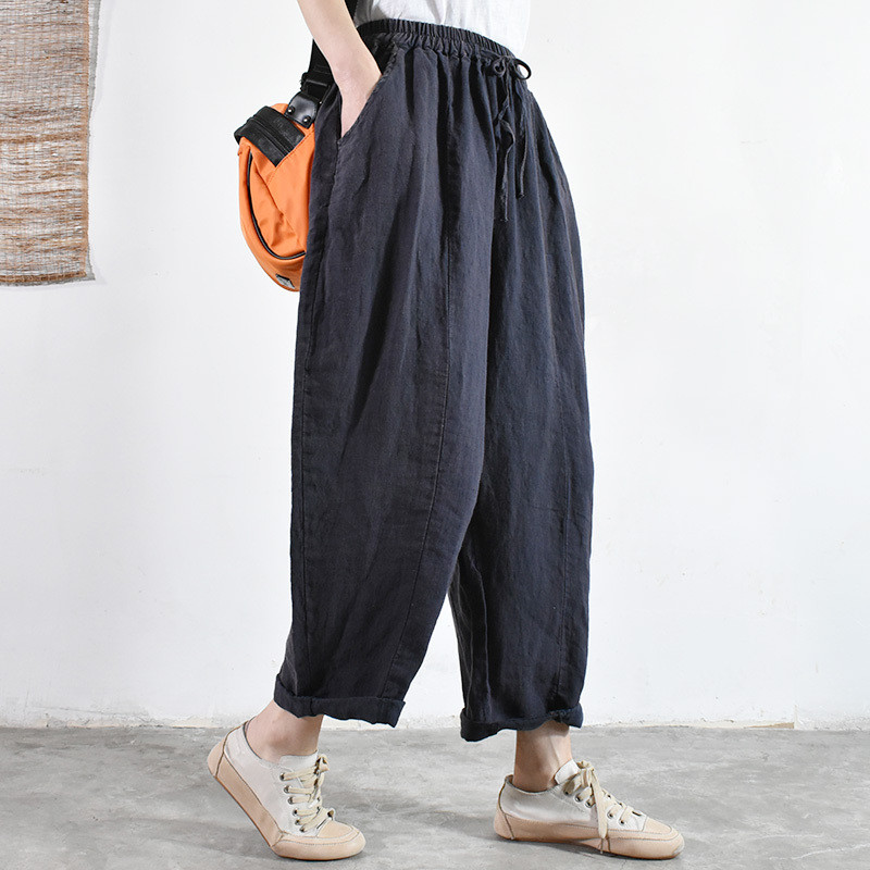 Folk Hip Pockets Beach Pants Boho Linen Large Trousers in Black Navy ...