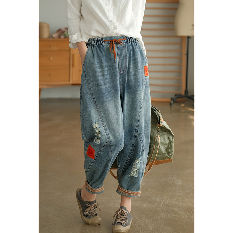 Chinese Characters Patchwork Ripped Jeans Womens Baggy Cuffed Jeans in ...