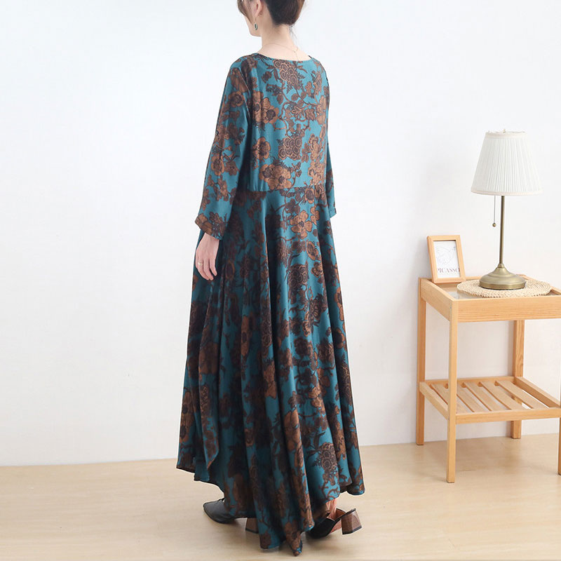 Long Sleeves Asymmetrical Blouson Dress Printed Blue Ruffle Maxi Dress ...