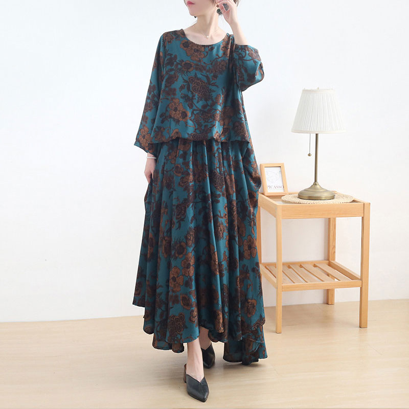 Long Sleeves Asymmetrical Blouson Dress Printed Blue Ruffle Maxi Dress ...