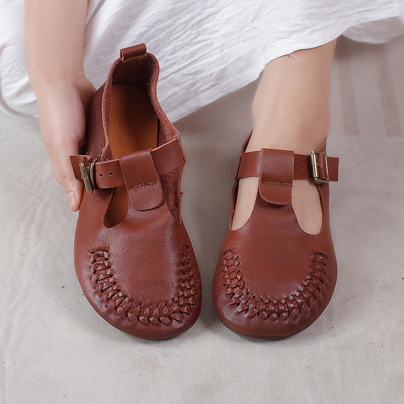Low Heels Comfy T Strap Shoes Cowhide Leather Mom Sandals In Brown Apricot 35 36 37 38 39 40 8485