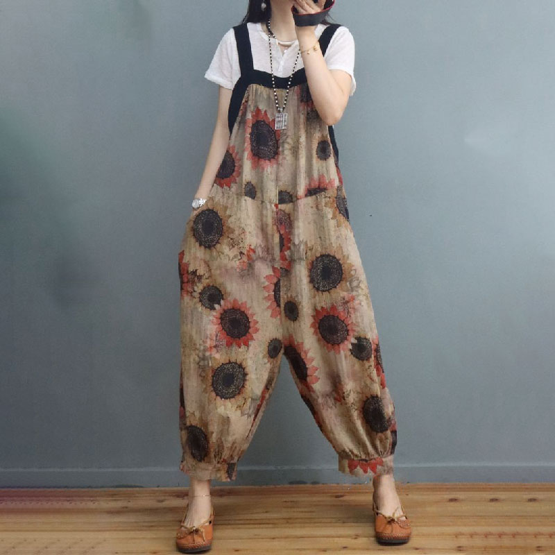 Sunflowers Printed Cotton Linen Overalls Summer Loose Flax Clothing in ...