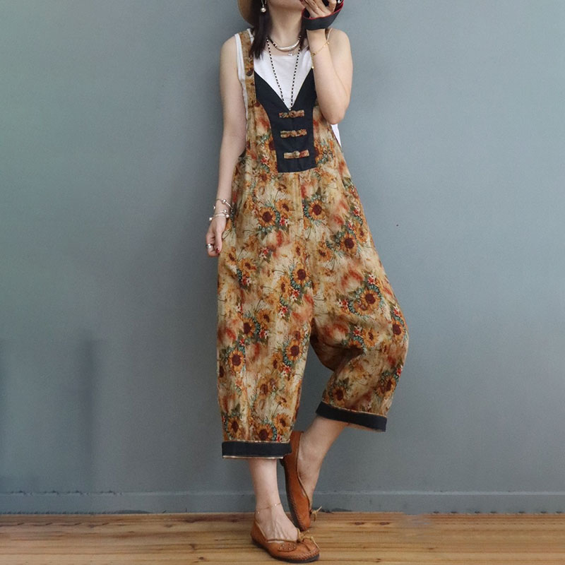 Frog Buttons Backless Sunflowers Overalls V-Neck Cotton Linen Folk ...