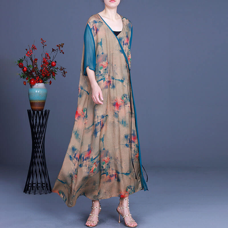 Cotton Linen V-Neck Floral Dress Summer Loose Tied Dress in Apricot ...