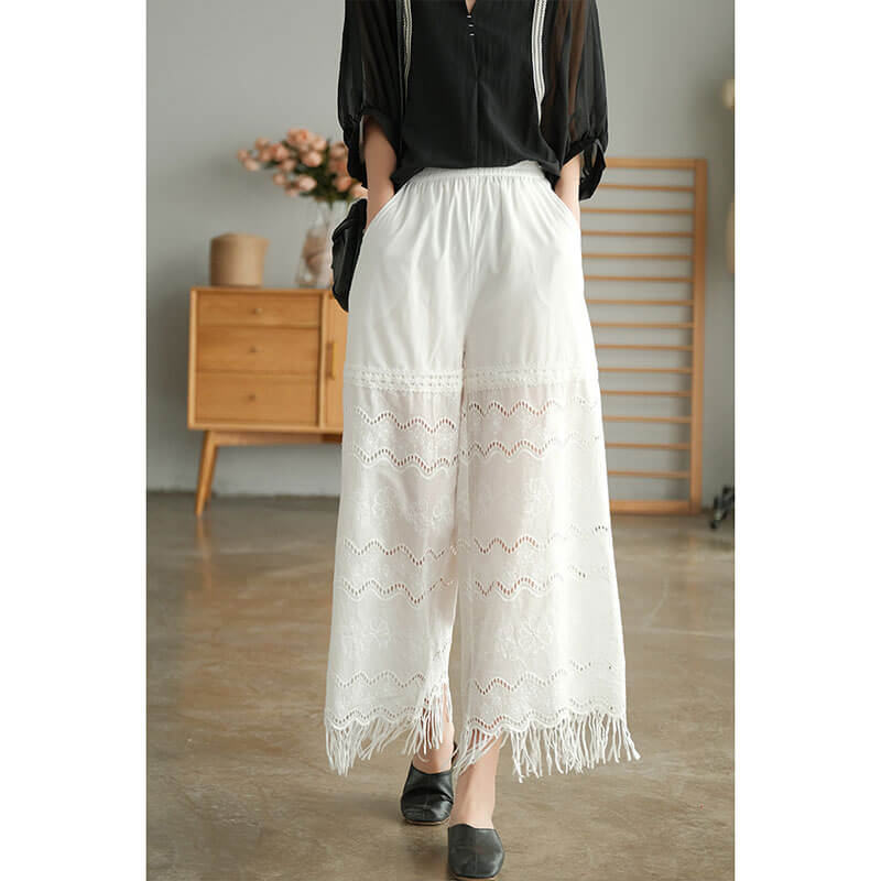 Semi-Sheer White Lace Pants Wide Leg Tassel Trousers in White One Size ...