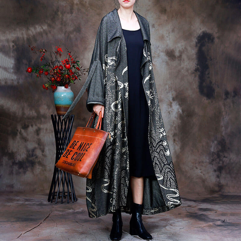 Cotton Printed Duster Coat Plus Size Gray Elegant Trench Coat in Gray ...