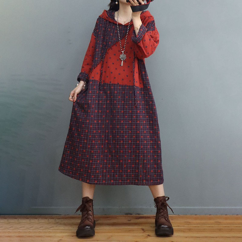 Relax-Fit Cotton Linen Hooded Dress Dotted and Plaid Dress in Red Dark ...