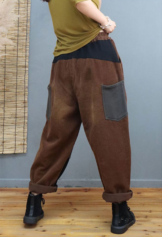 Contrast Color Fleeced Camo Pants Relax-Fit Corduroy Pants in Coffee ...