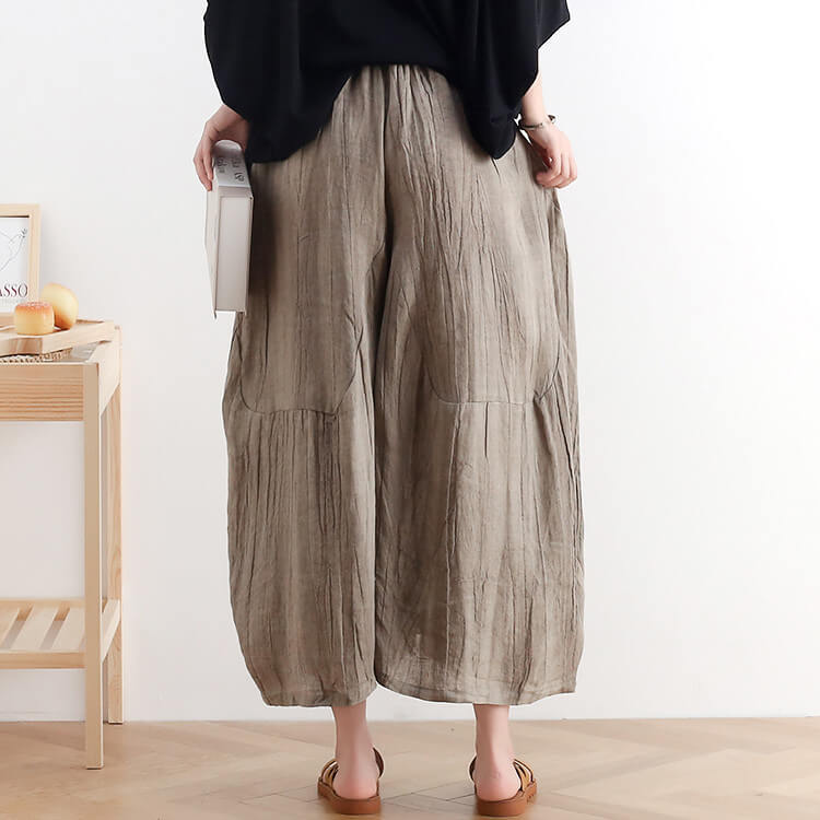 Plaid Pockets Linen Gaucho Pants Flax Wide Leg Pants in Black Khaki One ...