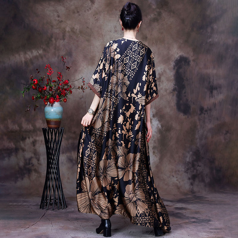 V-Neck Printed Senior Women Dress Half Sleeves Summer Maxi Dress in ...