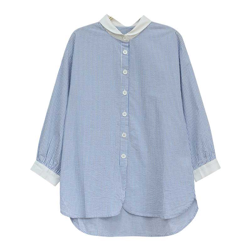 Light Blue Pinstriped Blouse Womens Pleated Cotton Shirt in Light Blue ...