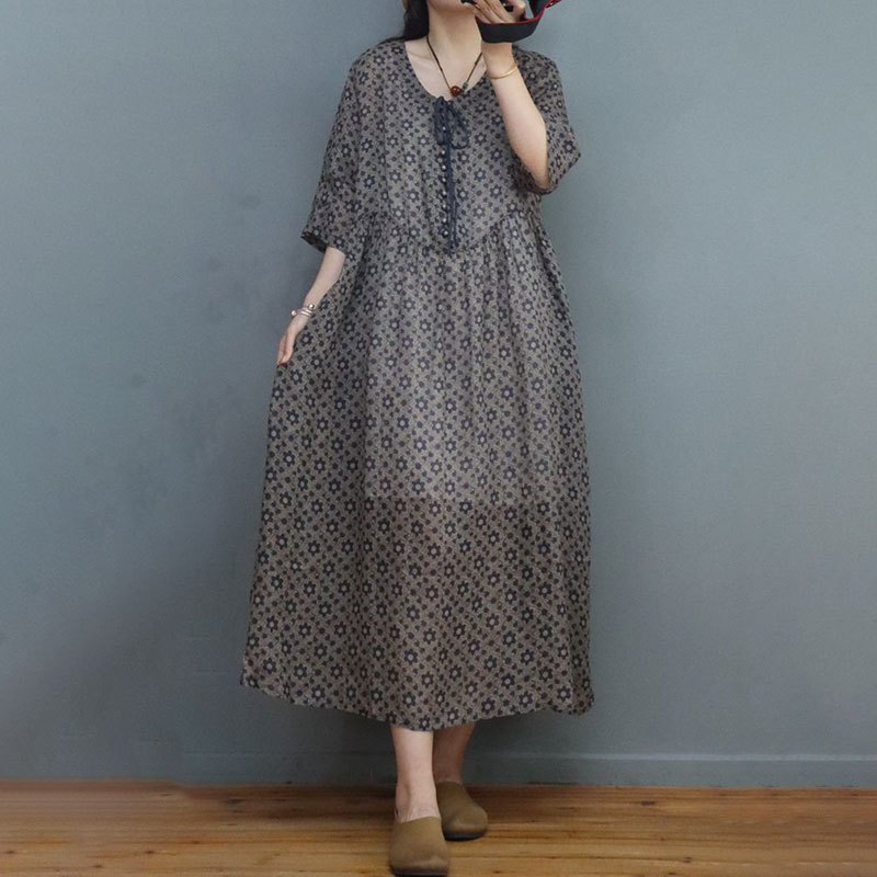 Tied Collar Ramie Midi Floral Dress Sheer Loose Maxi Dress in Coffee ...