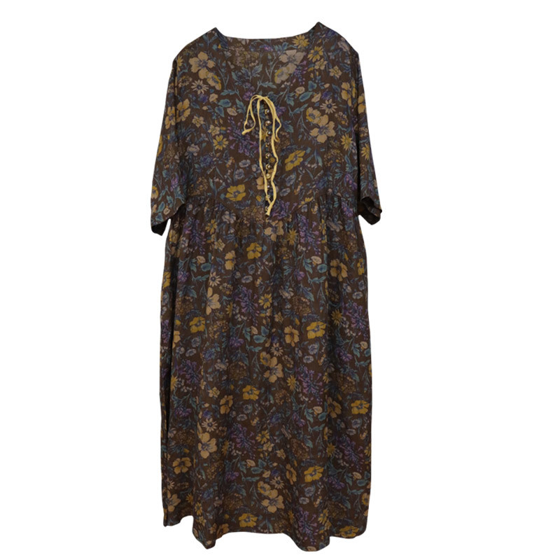 Tied Collar Ramie Midi Floral Dress Sheer Loose Maxi Dress in Coffee ...